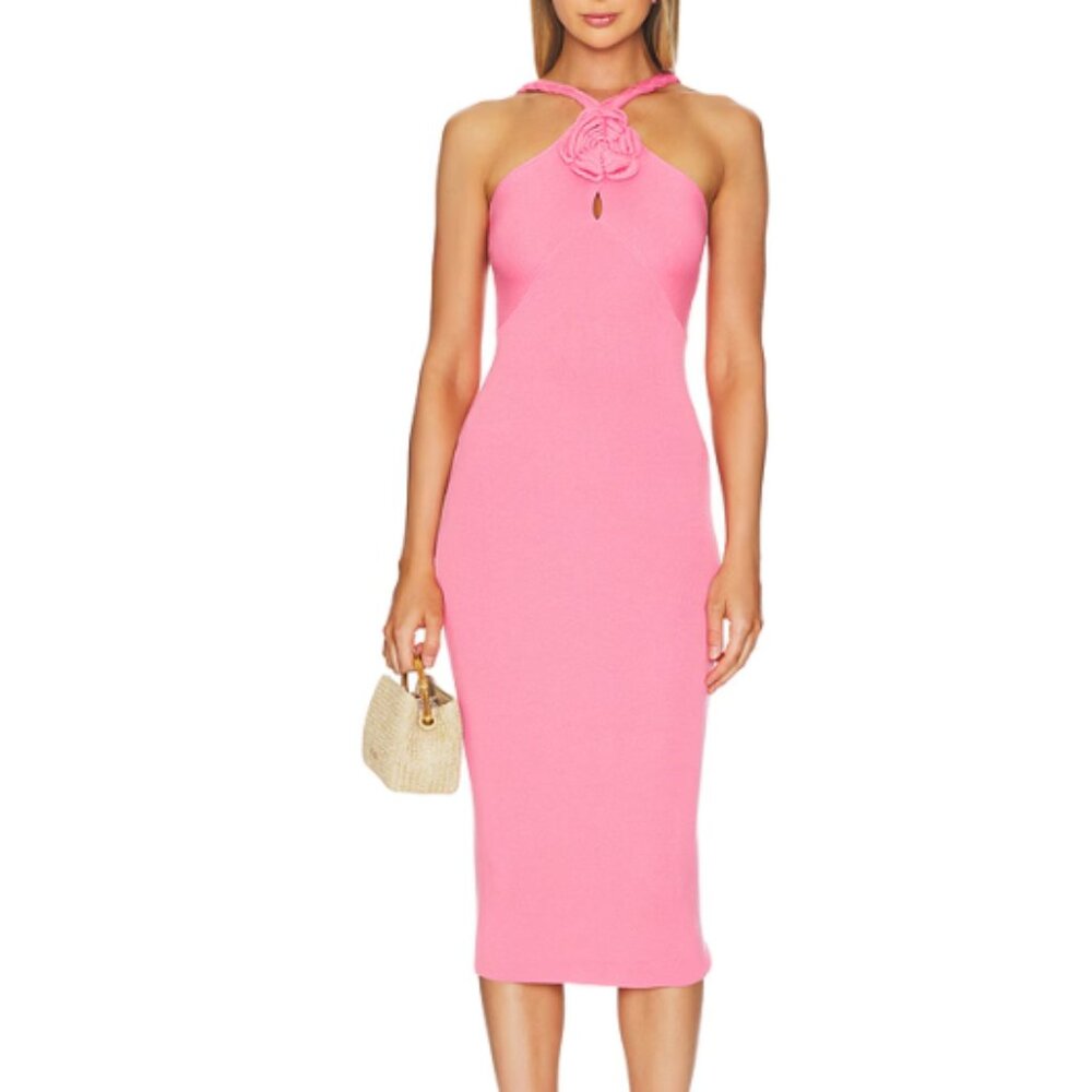 Le Superbe Eve Rosette Halter Rib Knit Dress in Strawberry Pink
